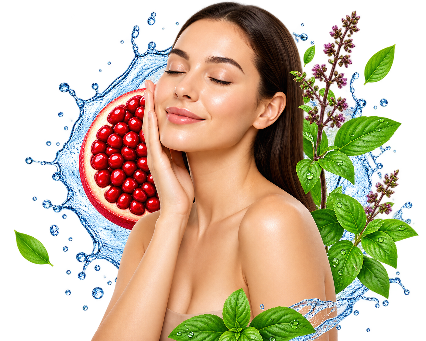 Woman with eyes closed touching her face, surrounded by a halved pomegranate, water splash, and leafy herbs suggesting natural skincare