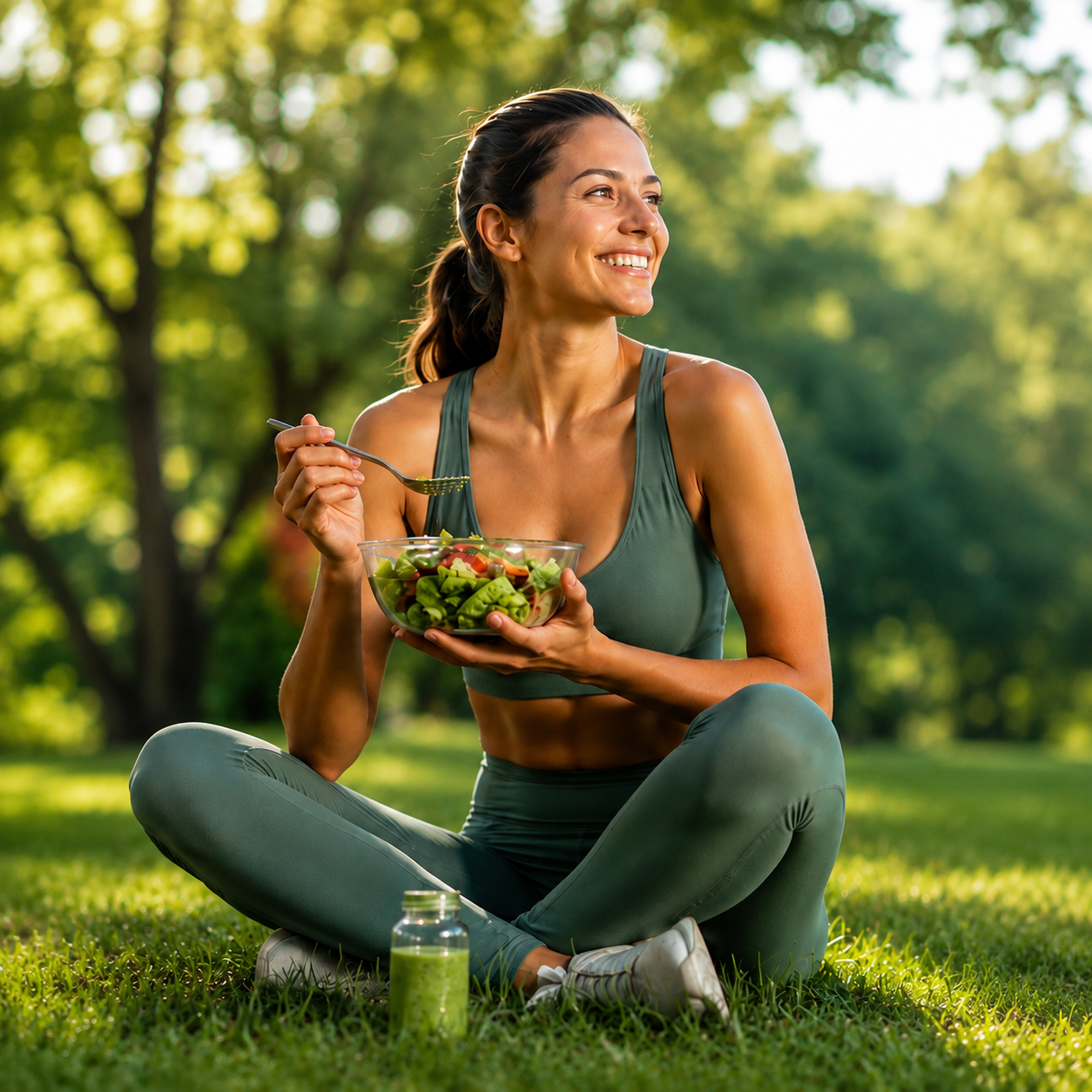 Woman in workout clothes eats a salad outdoors in a park, sitting cross‑legged on the grass with a jar of dressing nearby.