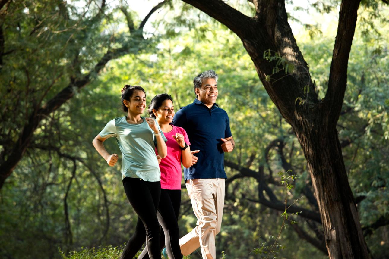 Three adults jogging together through a sunlit forest park.