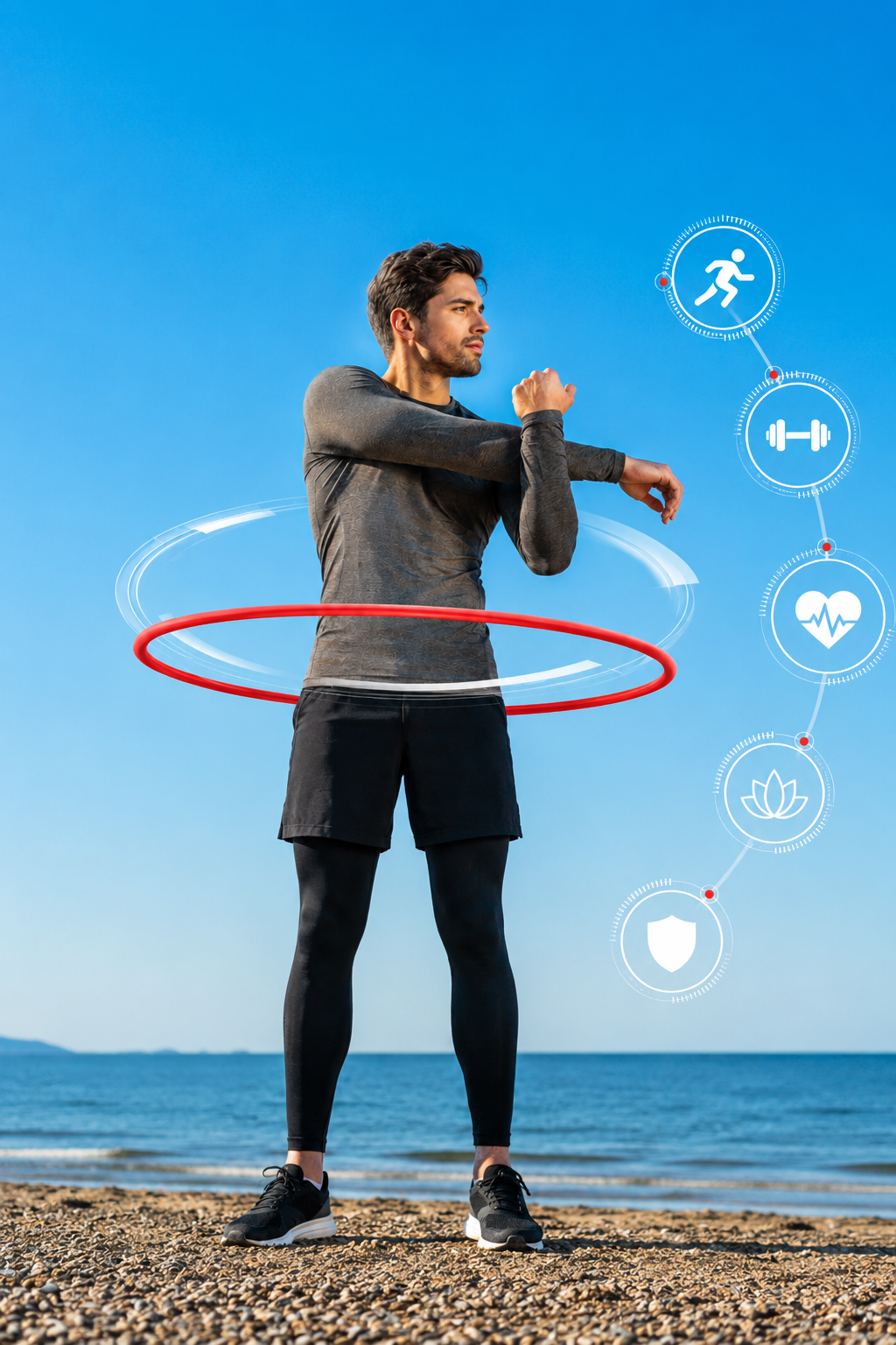 Man hula-hooping on a sunny beach, surrounded by floating fitness icons indicating health metrics.