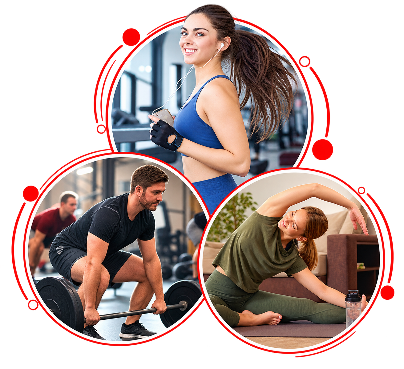 Three-circle fitness collage: woman running on a treadmill, man deadlifting, and woman doing a side stretch at home.