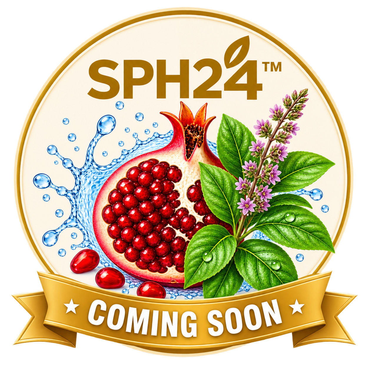 SPH24 logo badge with pomegranate, leaves and lavender sprigs, plus a 'Coming Soon' ribbon text emphasizing a new product.