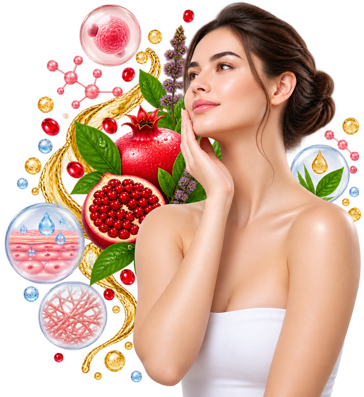 Portrait of a woman with a collage of fruits, leaves, and cosmetic cells symbolizing skincare and natural beauty.