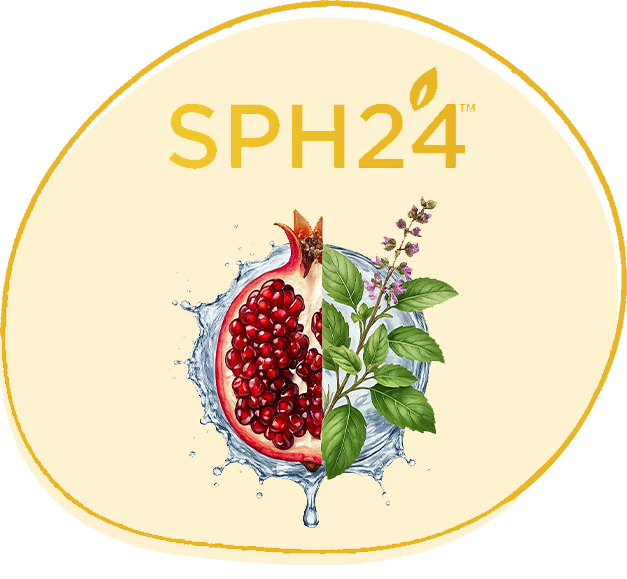 Circular logo with a gold border and cream background, featuring 'SPH24' text above a half pomegranate on the left and green mint leaves on the right, with a water splash.