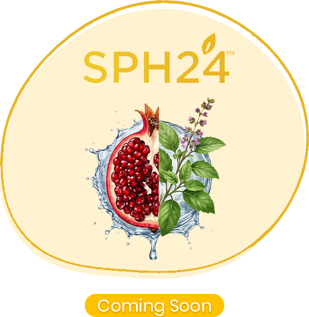 SPH24 branding with a pomegranate half and botanical sprig inside a gold circular border; 'Coming Soon' text below.