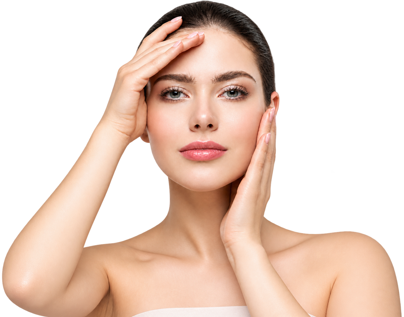 Close-up of a woman with flawless skin cupping her face with both hands in a skincare pose.
