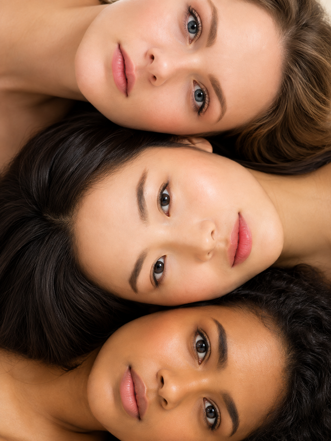 Three women of different ethnicities lie close together, facing the camera in a tight portrait.