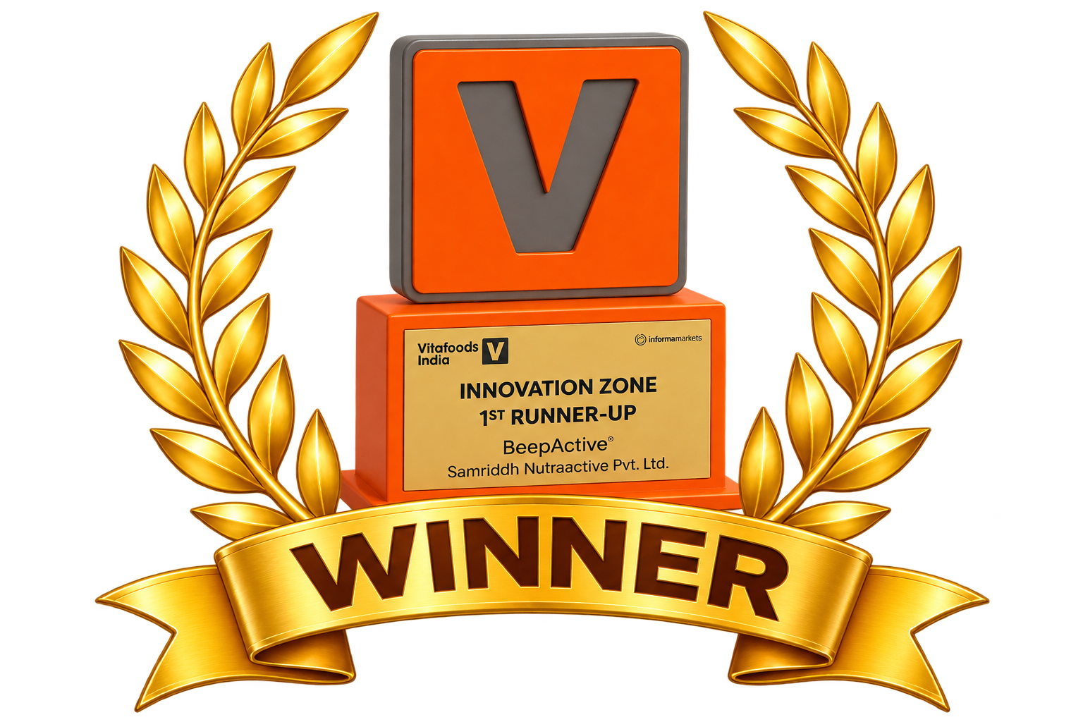 Award trophy with an orange block bearing a gray V, plaque reads 'Innovation Zone 1st Runner-Up' for BeepActive, flanked by gold laurel branches and a large 'WINNER' ribbon.