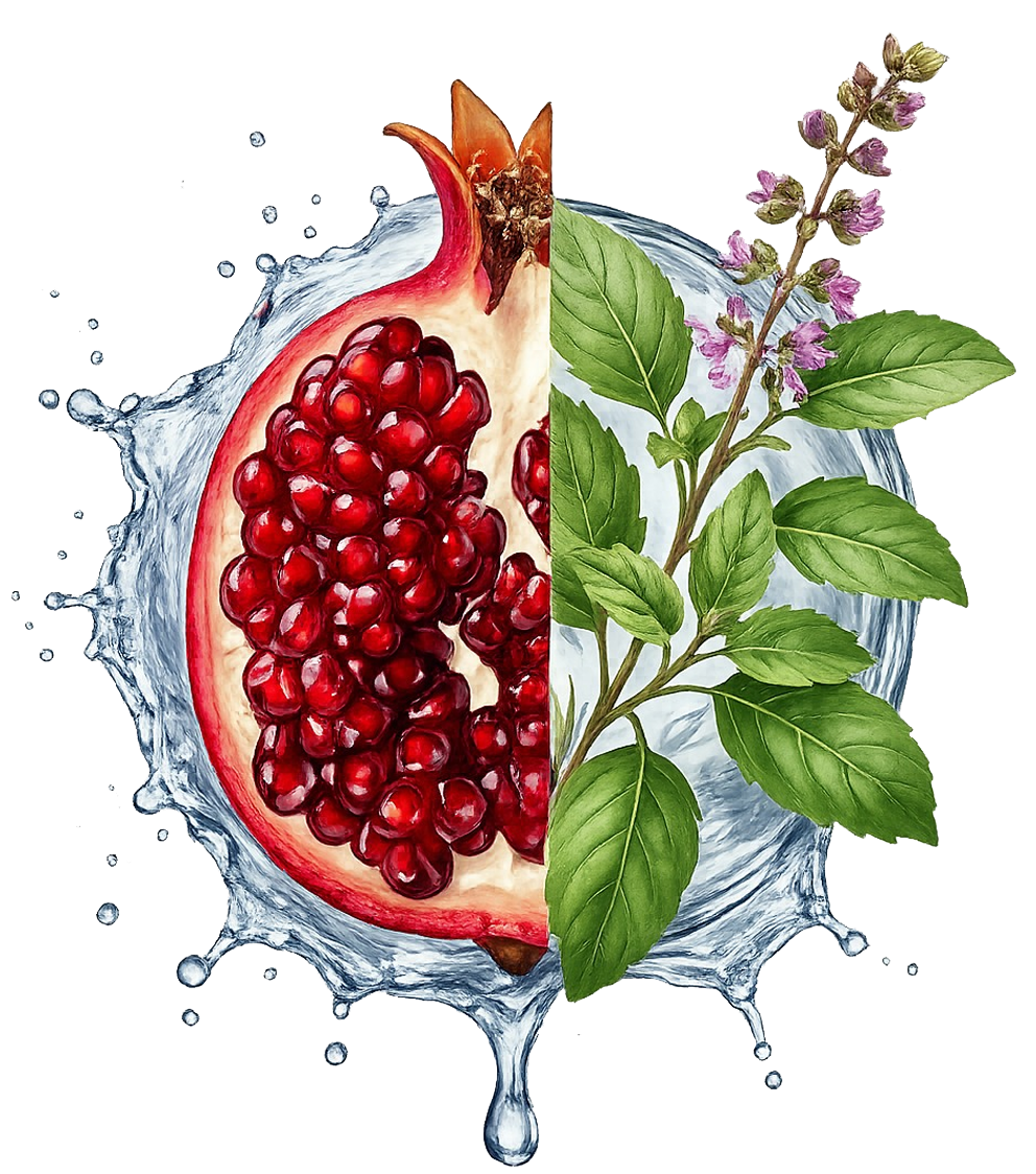 Split composition of a pomegranate half with red seeds and a mint sprig, surrounded by a water splash for refreshing contrast.