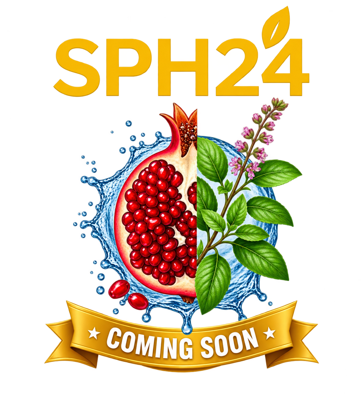 Logo for SPH24 featuring a split pomegranate and leafy herb with a water splash and a gold 'Coming Soon' ribbon beneath.